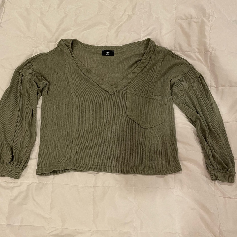 Vici Olive Green Long Sleeve Ribbed V-Neck Top